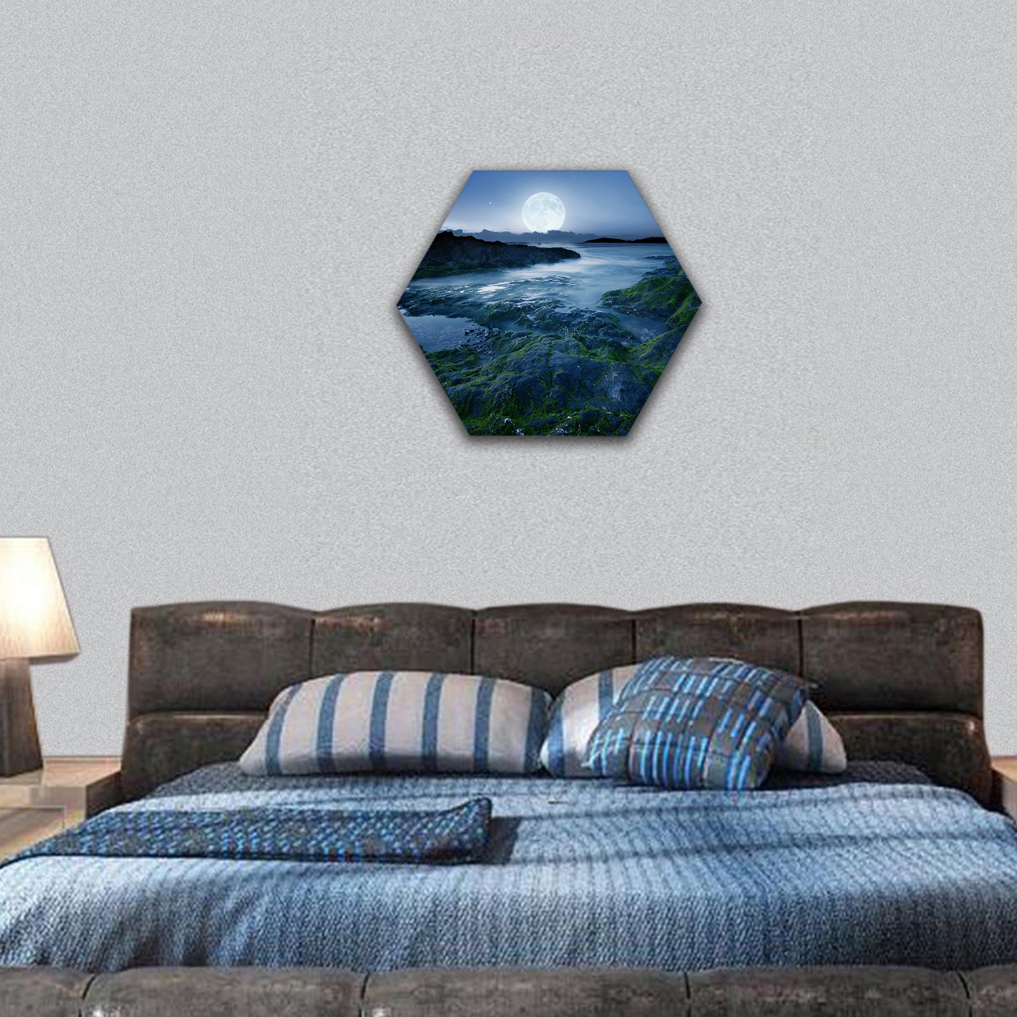 Full moon over the coast in Cornwall, UK hexagonal canvas wall art