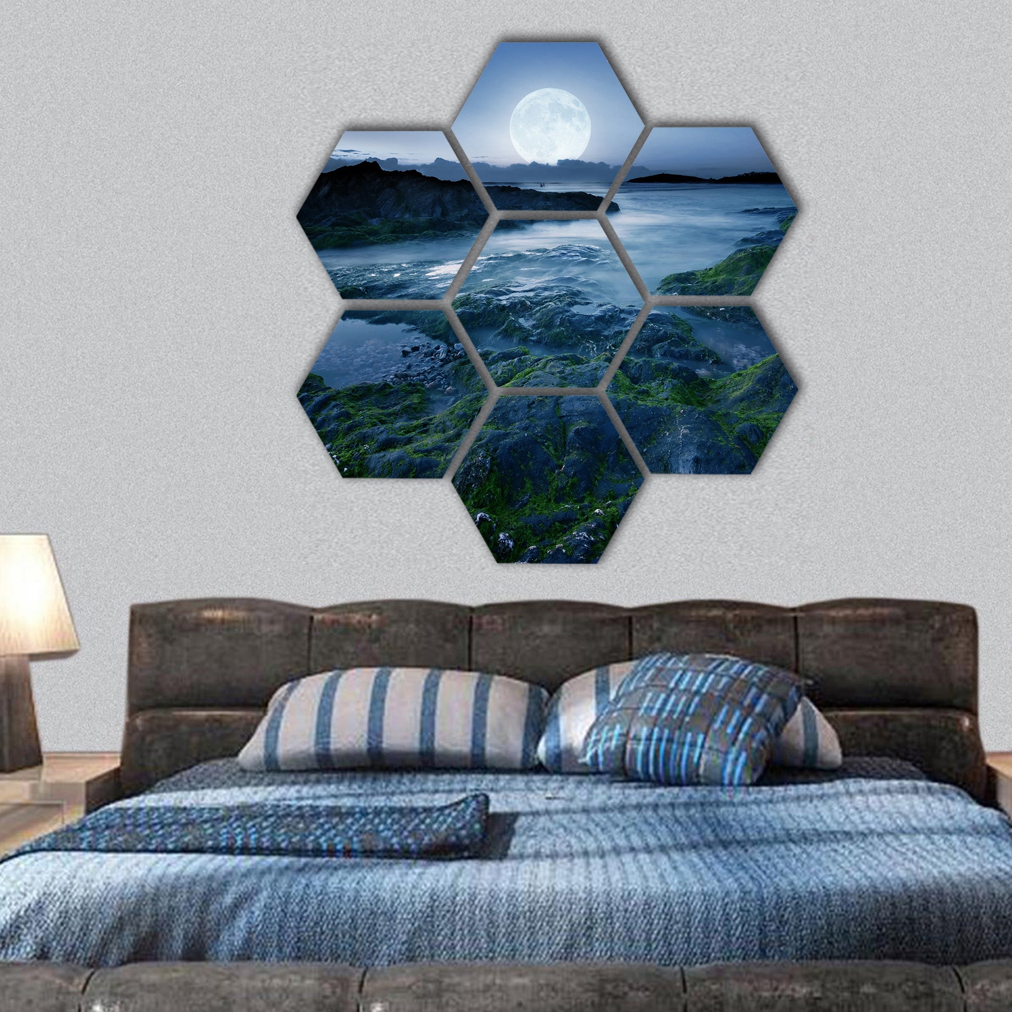 Full moon over the coast in Cornwall, UK hexagonal canvas wall art