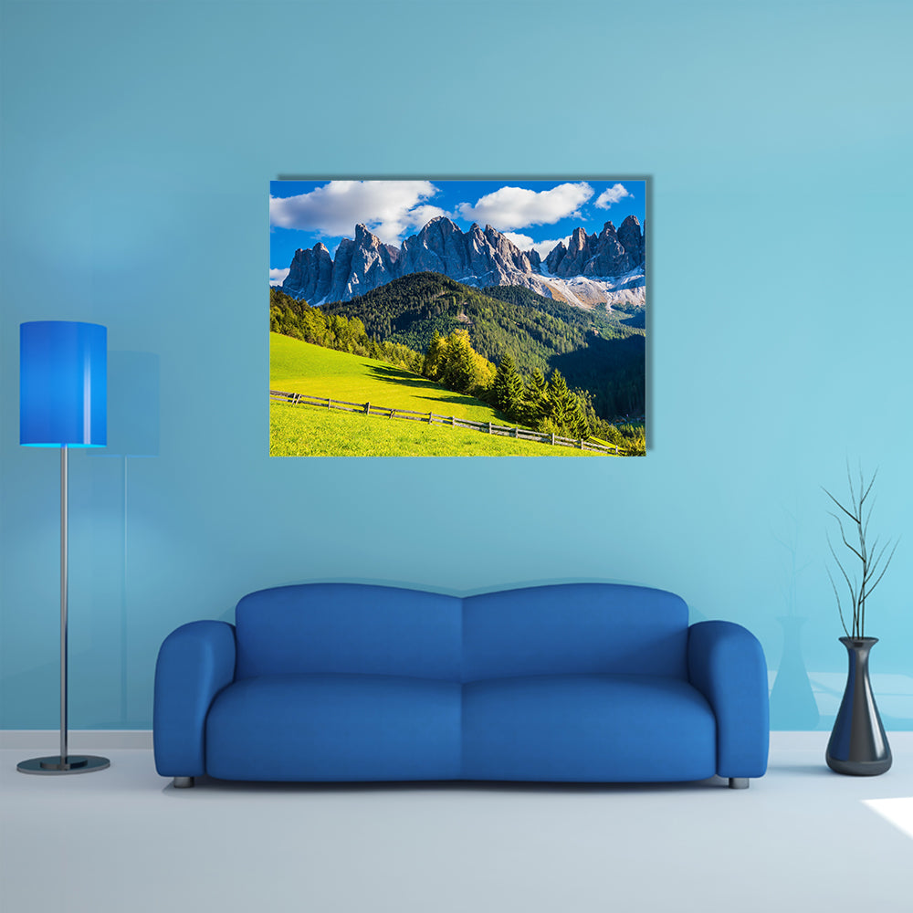 Sunny day in Dolomites, picturesque Val di Funes multi panel canvas wall art