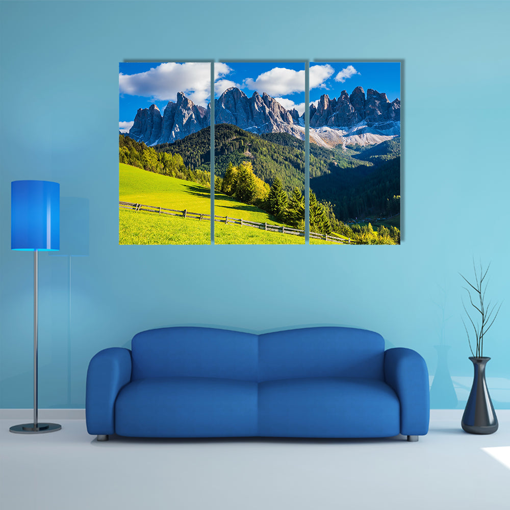Sunny day in Dolomites, picturesque Val di Funes multi panel canvas wall art