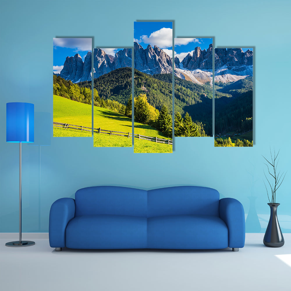 Sunny day in Dolomites, picturesque Val di Funes multi panel canvas wall art