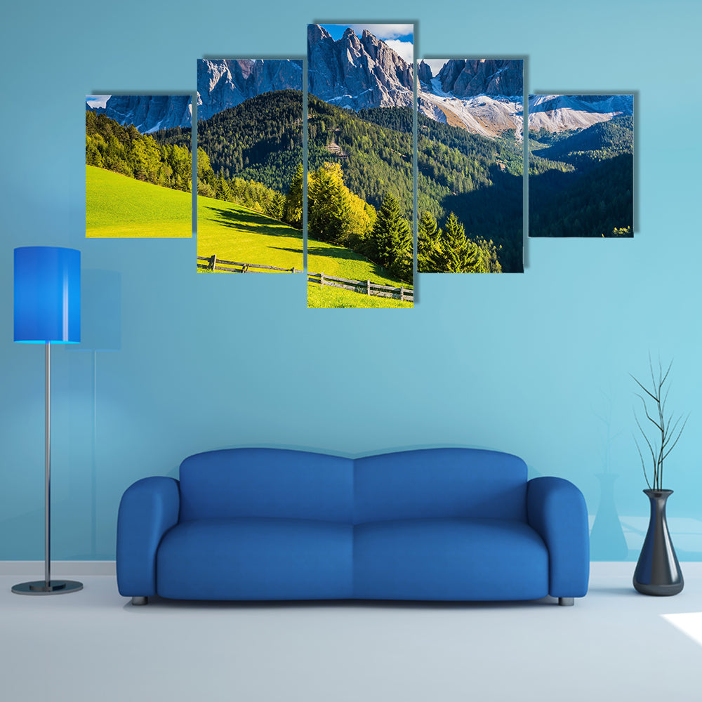 Sunny day in Dolomites, picturesque Val di Funes multi panel canvas wall art