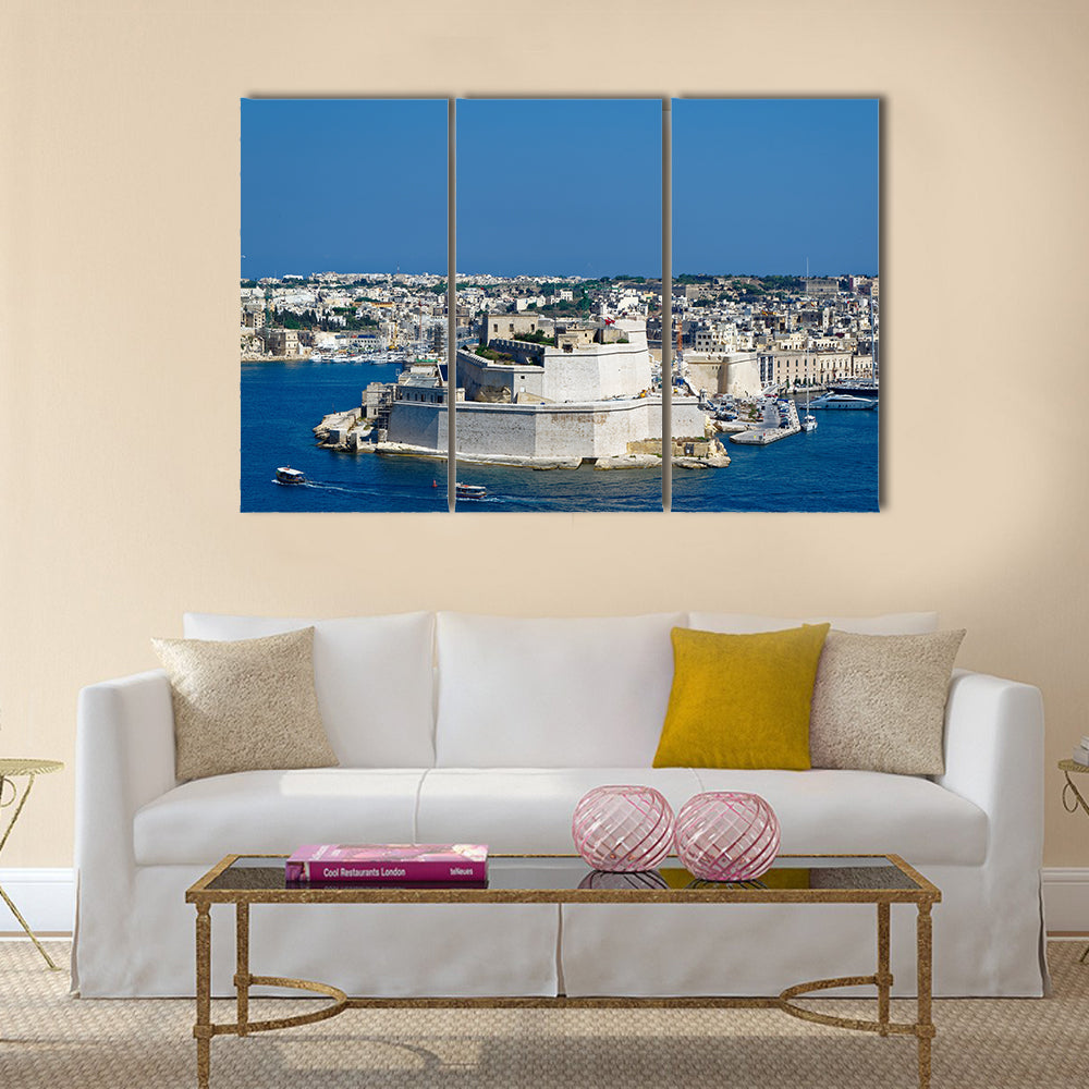 towers of Fort St Angelo from Upper Barrakka Gardens, view across the Grand Harbor, Valletta, Malta, Multi Panel Canvas Wall Art