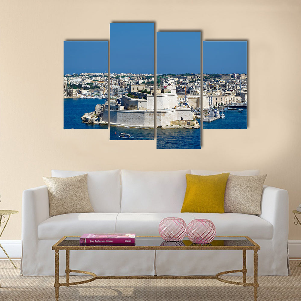 towers of Fort St Angelo from Upper Barrakka Gardens, view across the Grand Harbor, Valletta, Malta, Multi Panel Canvas Wall Art