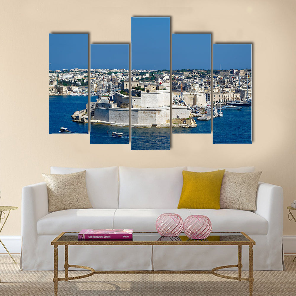 towers of Fort St Angelo from Upper Barrakka Gardens, view across the Grand Harbor, Valletta, Malta, Multi Panel Canvas Wall Art