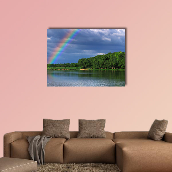 Rainbow over the lake close up Multi panel canvas wall art