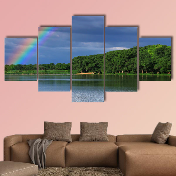 Rainbow over the lake close up Multi panel canvas wall art