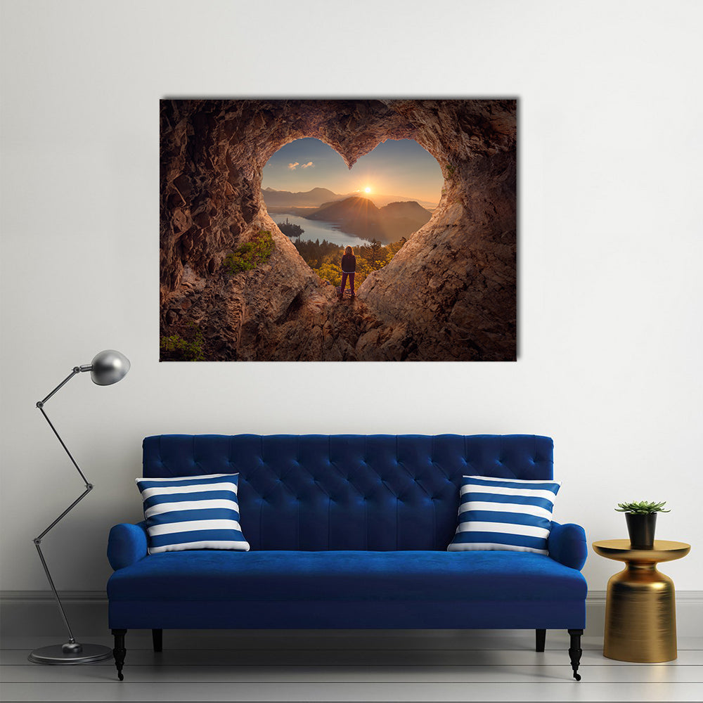 Lone woman enjoying in beautiful mountain nature, celebrating freedom and standing on edge of the cliff multi panel canvas wall art