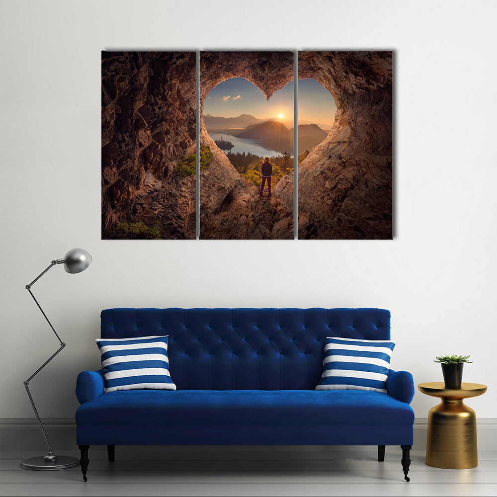 Lone woman enjoying in beautiful mountain nature, celebrating freedom and standing on edge of the cliff multi panel canvas wall art