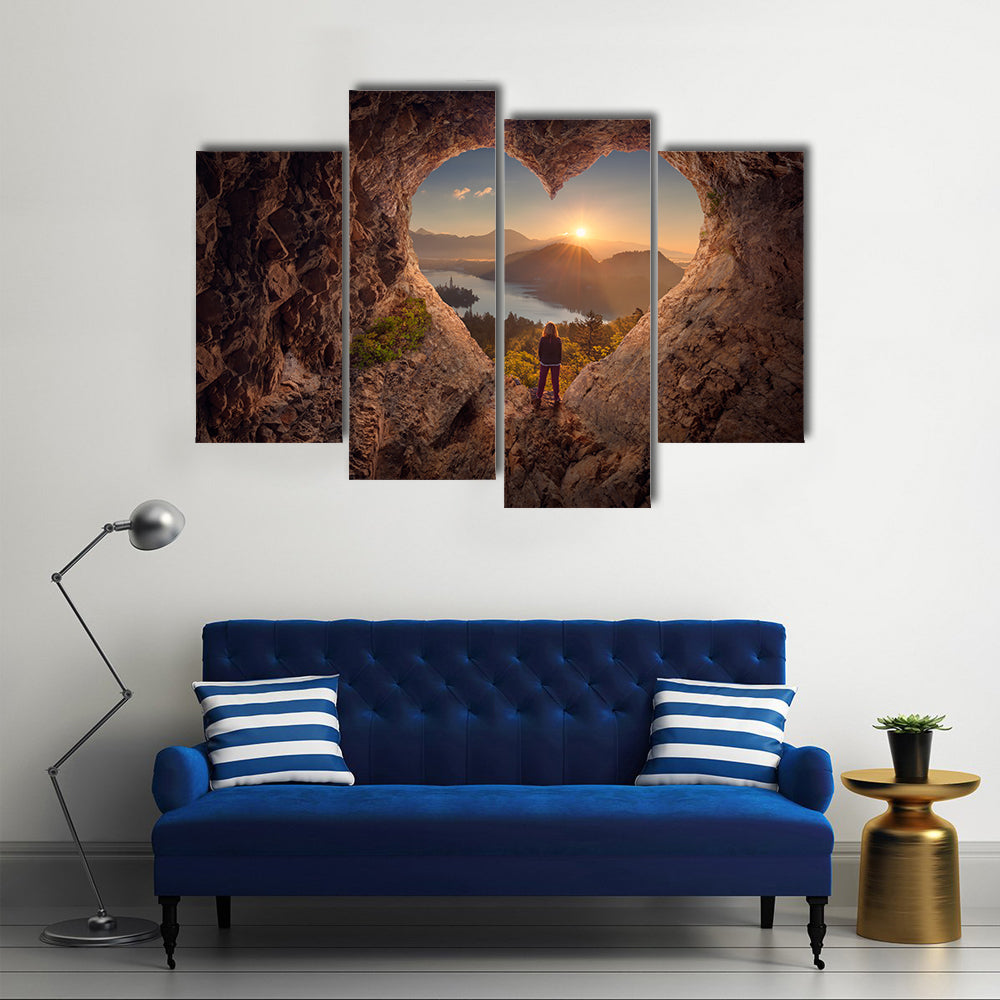 Lone woman enjoying in beautiful mountain nature, celebrating freedom and standing on edge of the cliff multi panel canvas wall art