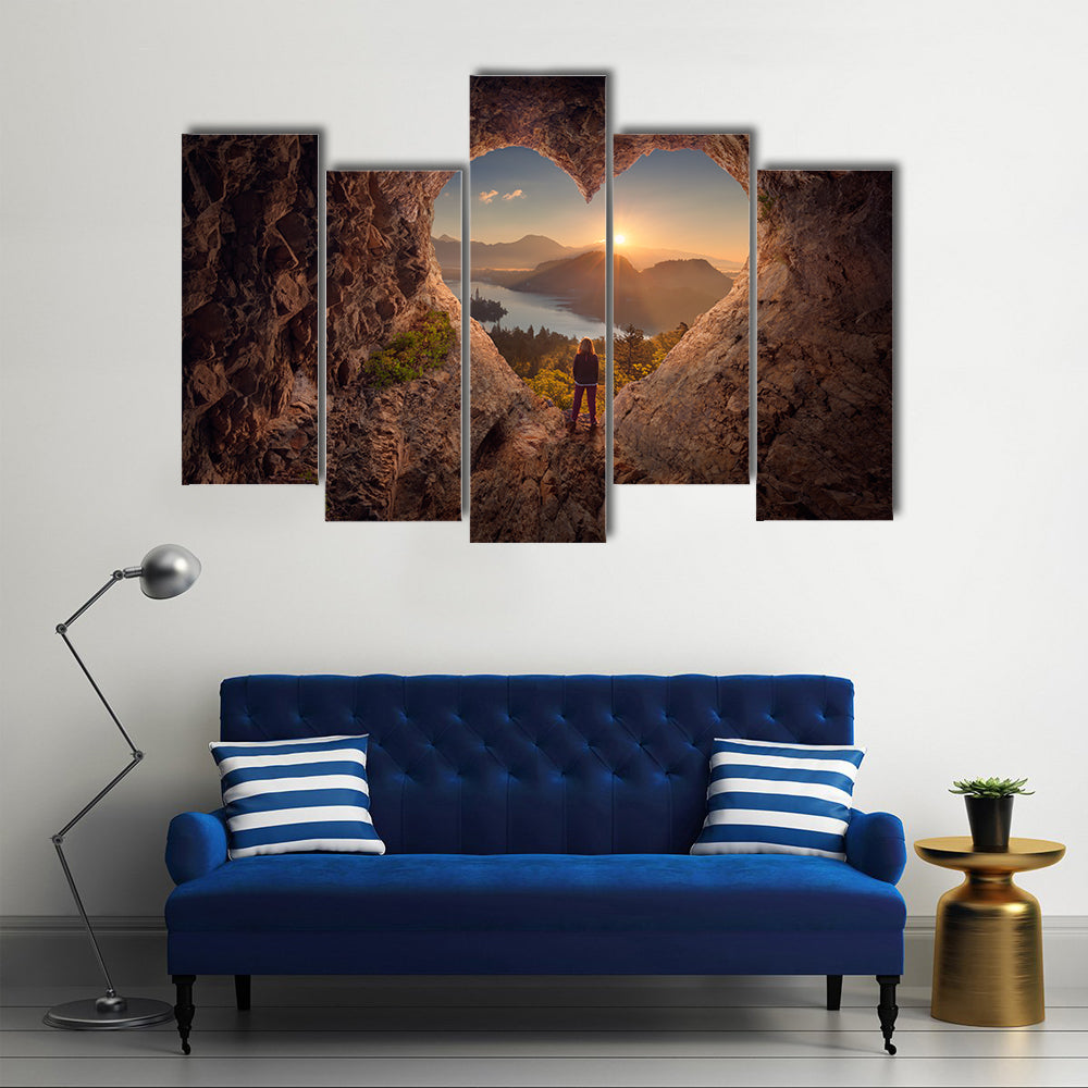 Lone woman enjoying in beautiful mountain nature, celebrating freedom and standing on edge of the cliff multi panel canvas wall art