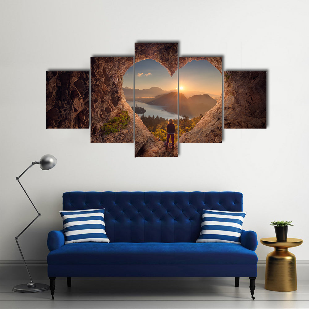 Lone woman enjoying in beautiful mountain nature, celebrating freedom and standing on edge of the cliff multi panel canvas wall art
