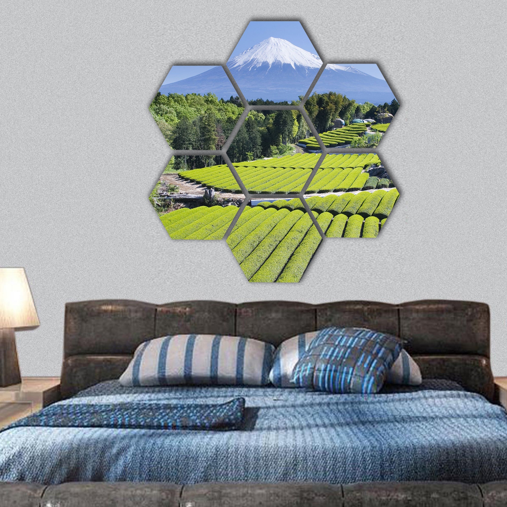 Rows of fresh green tea with Mount Fuji hexagonal canvas wall art