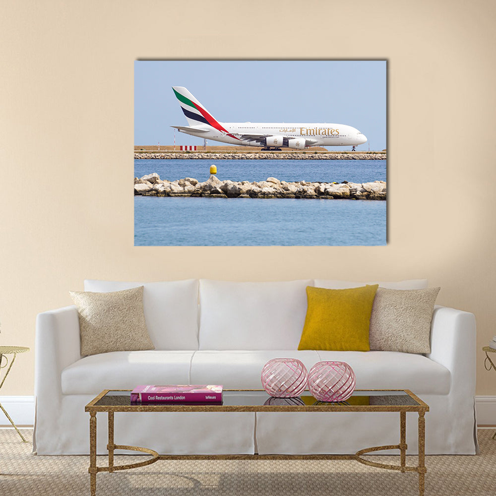 Emirates A380-861 double-decker wide-body passenger plane (A6-EDX) taxiing on International Airport multi panel canvas wall art