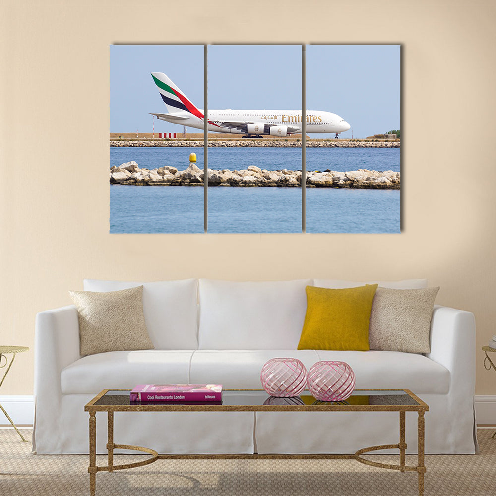 Emirates A380-861 double-decker wide-body passenger plane (A6-EDX) taxiing on International Airport multi panel canvas wall art