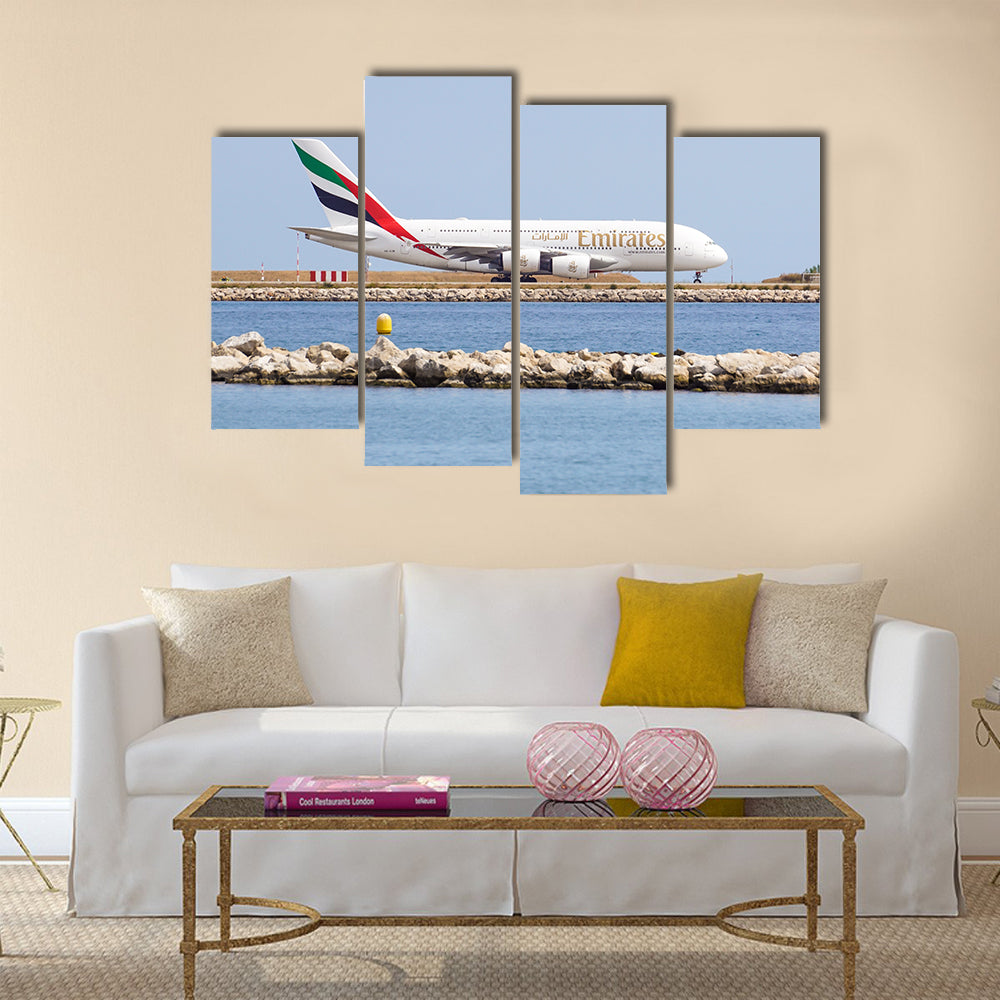 Emirates A380-861 double-decker wide-body passenger plane (A6-EDX) taxiing on International Airport multi panel canvas wall art