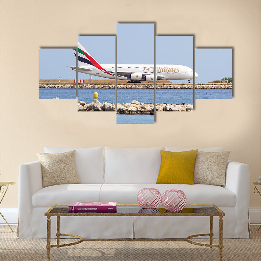 Emirates A380-861 double-decker wide-body passenger plane (A6-EDX) taxiing on International Airport multi panel canvas wall art