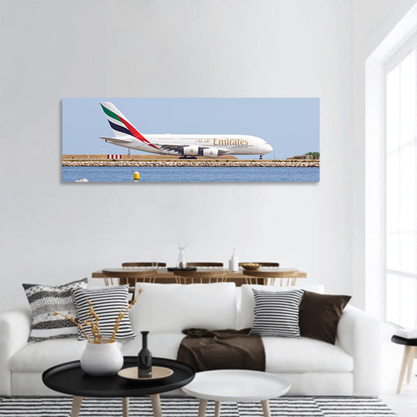 Double-decker wide-body passenger plane taxiing on Airport panoramic canvas wall art