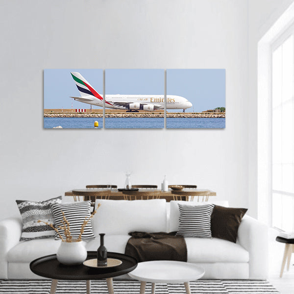 Double-decker wide-body passenger plane taxiing on Airport panoramic canvas wall art