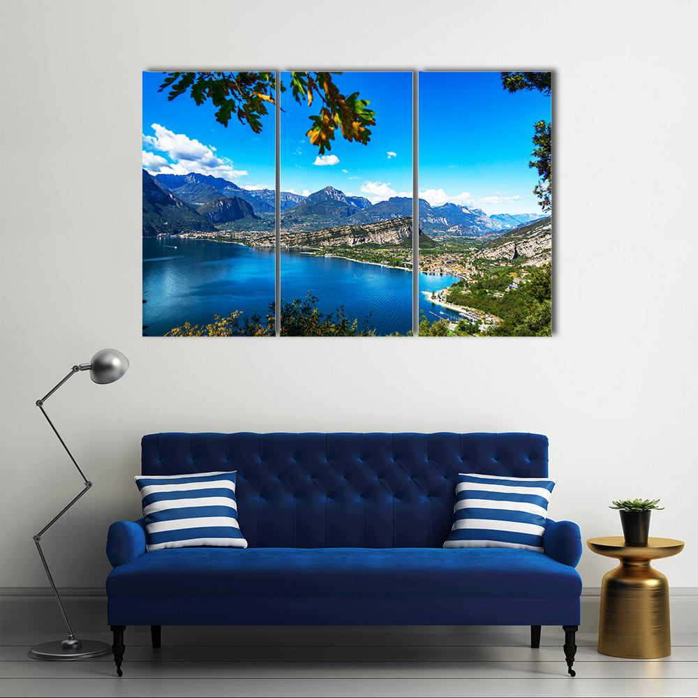 A picturesque outlook over the mountains at lake garda multi panel canvas wall art