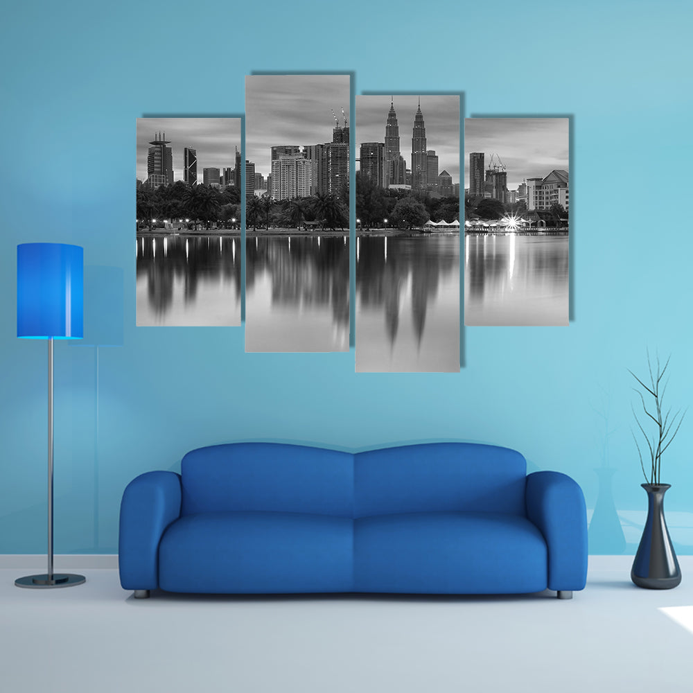 The kuala Lumpur morning scenery in black and white multi panel canvas wall art