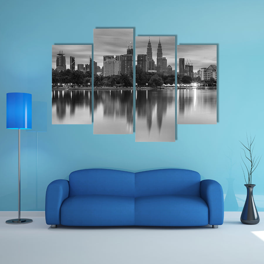 The kuala Lumpur morning scenery in black and white multi panel canvas wall art
