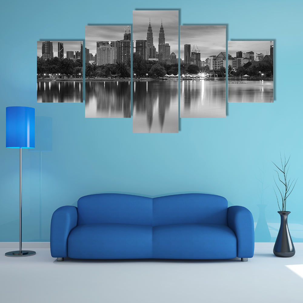 The kuala Lumpur morning scenery in black and white multi panel canvas wall art