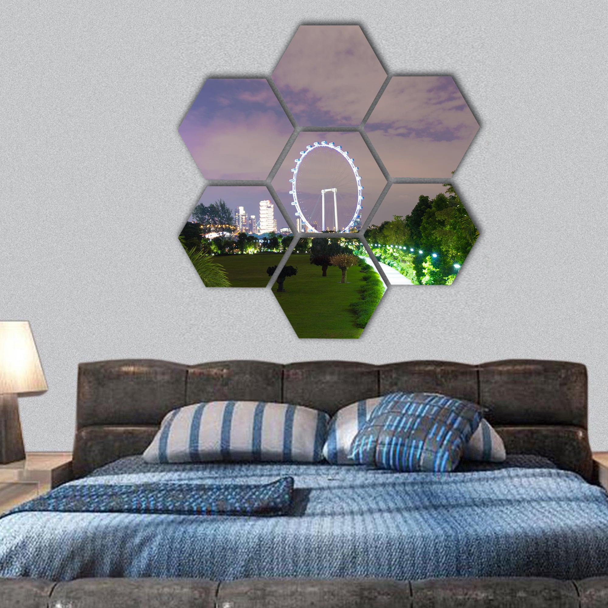 Night view of Garden by the Bay, Singapore hexagonal canvas wall art