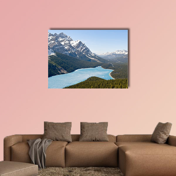 Spring aerial view of the Peyto lake and snowy rocky mountains wall art