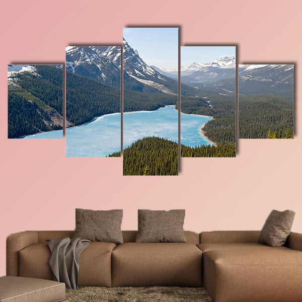 Spring aerial view of the Peyto lake and snowy rocky mountains wall art