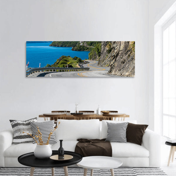 Winding road mountain cliff ,lake landscape in Queenstown panoramic canvas wall art