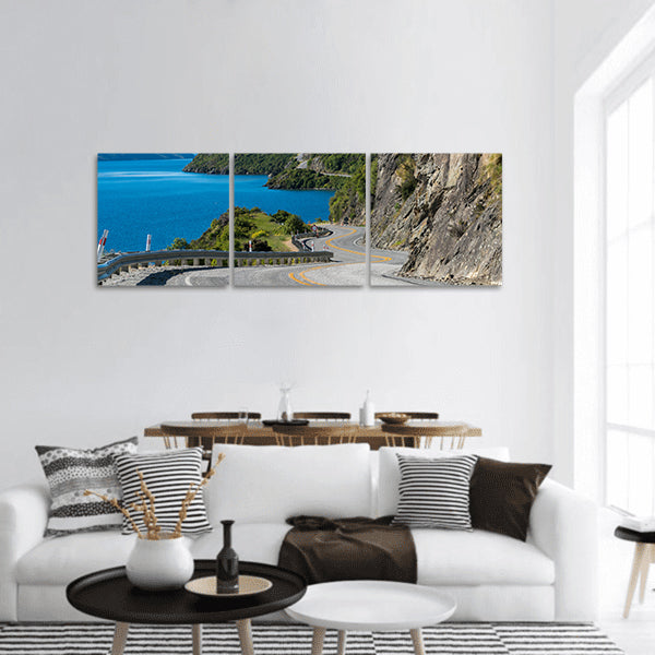 Winding road mountain cliff ,lake landscape in Queenstown panoramic canvas wall art
