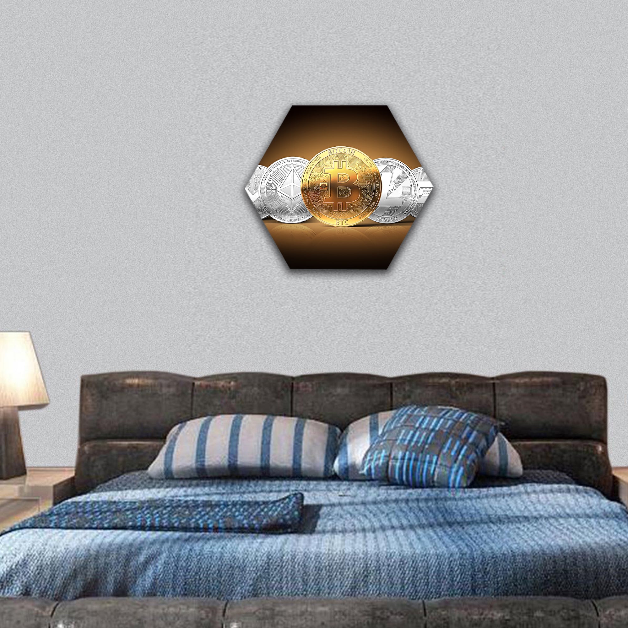 Set of cryptocurrencies with a golden bitcoin hexagonal canvas wall art
