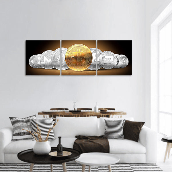 Set of  golden bitcoin panoramic canvas wall art