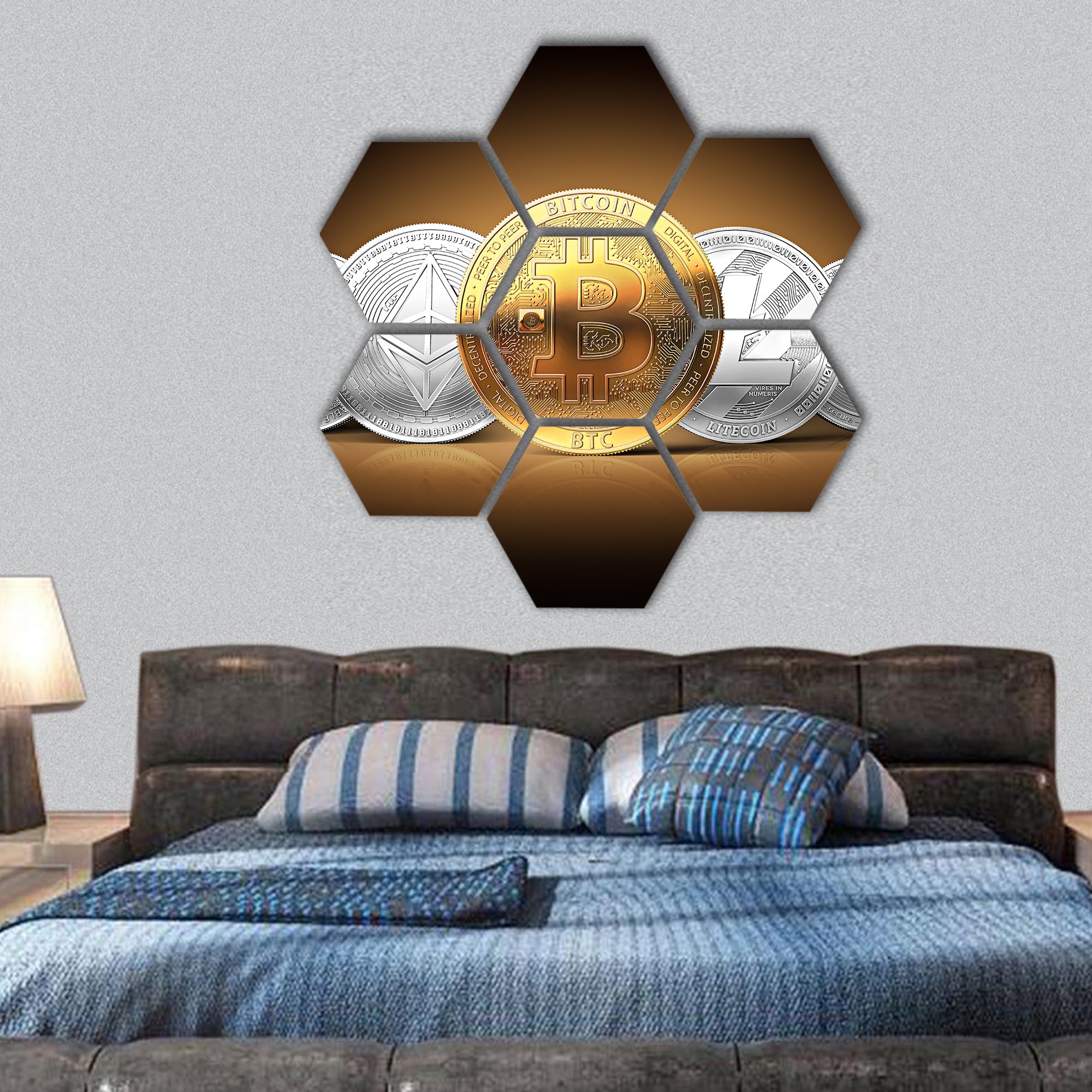 Set of cryptocurrencies with a golden bitcoin hexagonal canvas wall art