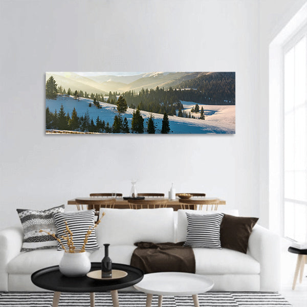 Forested hills of mountain ridge in winter panoramic canvas wall art