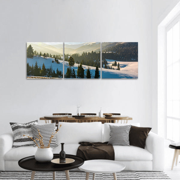 Forested hills of mountain ridge in winter panoramic canvas wall art