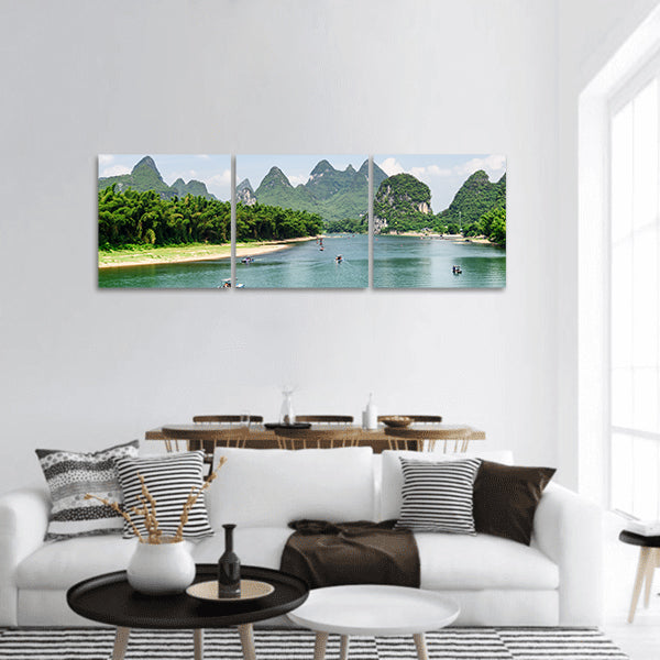 Li River , karst mountains ,blue sky , Sunny landscape panoramic canvas wall art
