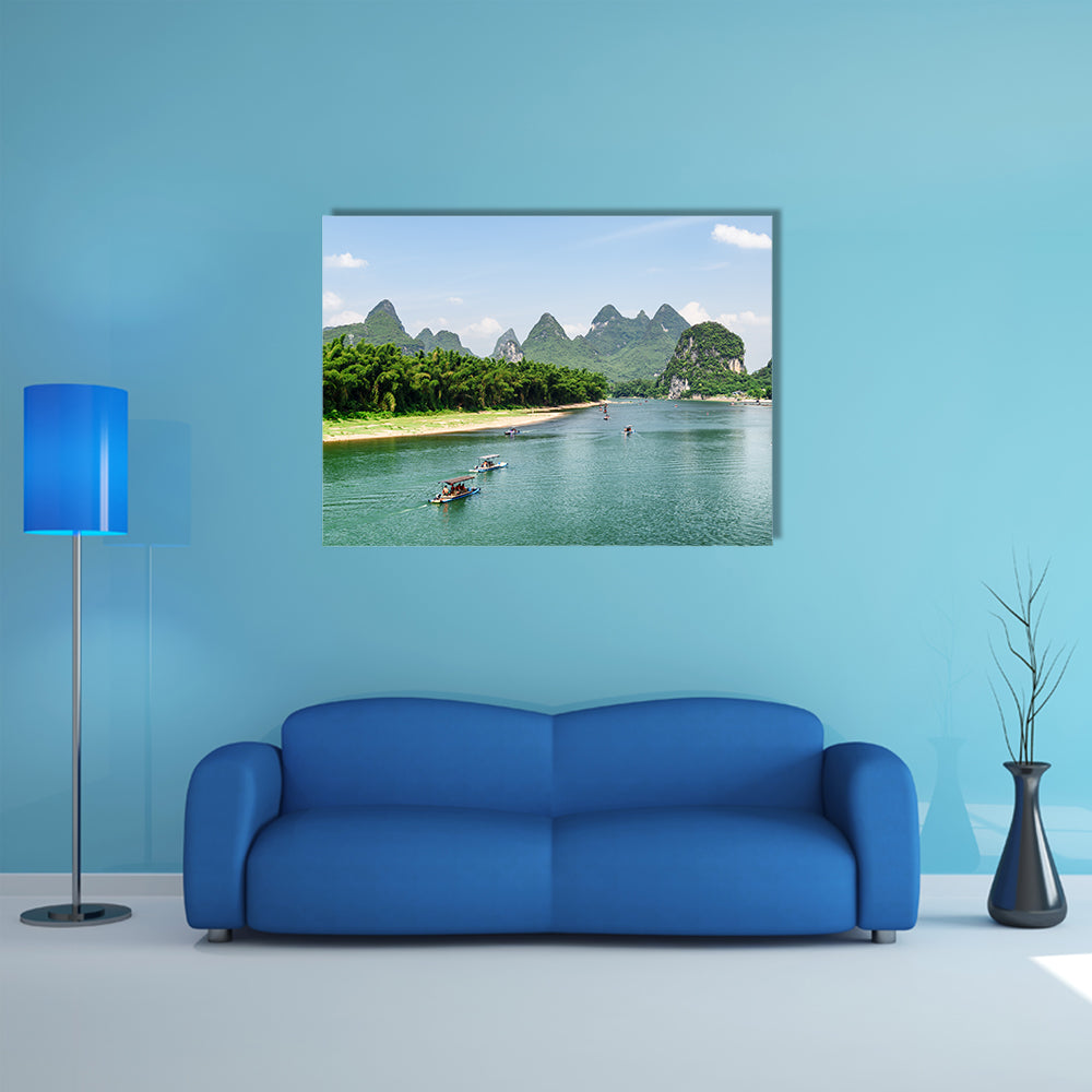 Scenic view of tourist motorized rafts on the Li River Lijiang River multi panel canvas wall art