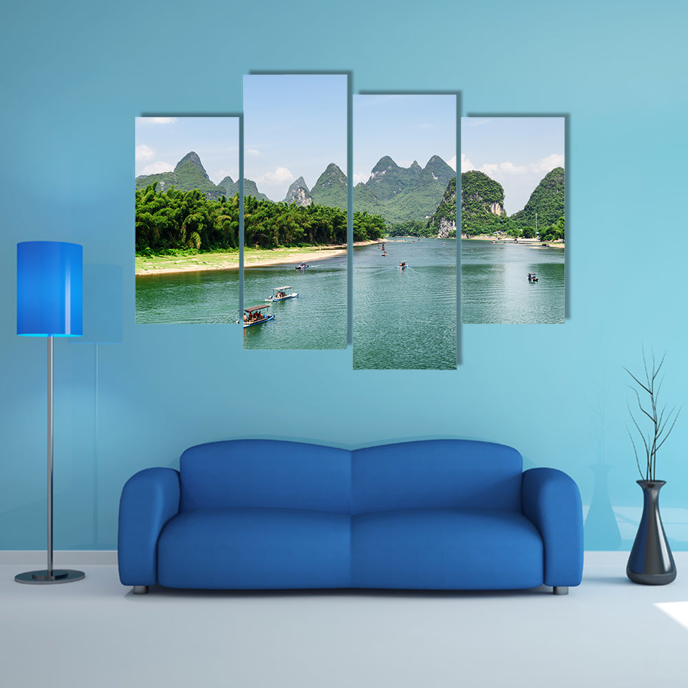 Scenic view of tourist motorized rafts on the Li River Lijiang River multi panel canvas wall art