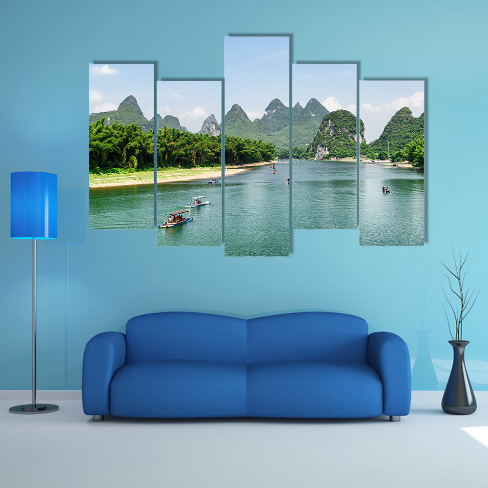 Scenic view of tourist motorized rafts on the Li River Lijiang River multi panel canvas wall art