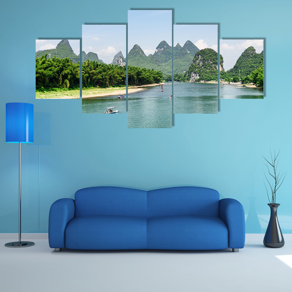 Scenic view of tourist motorized rafts on the Li River Lijiang River multi panel canvas wall art