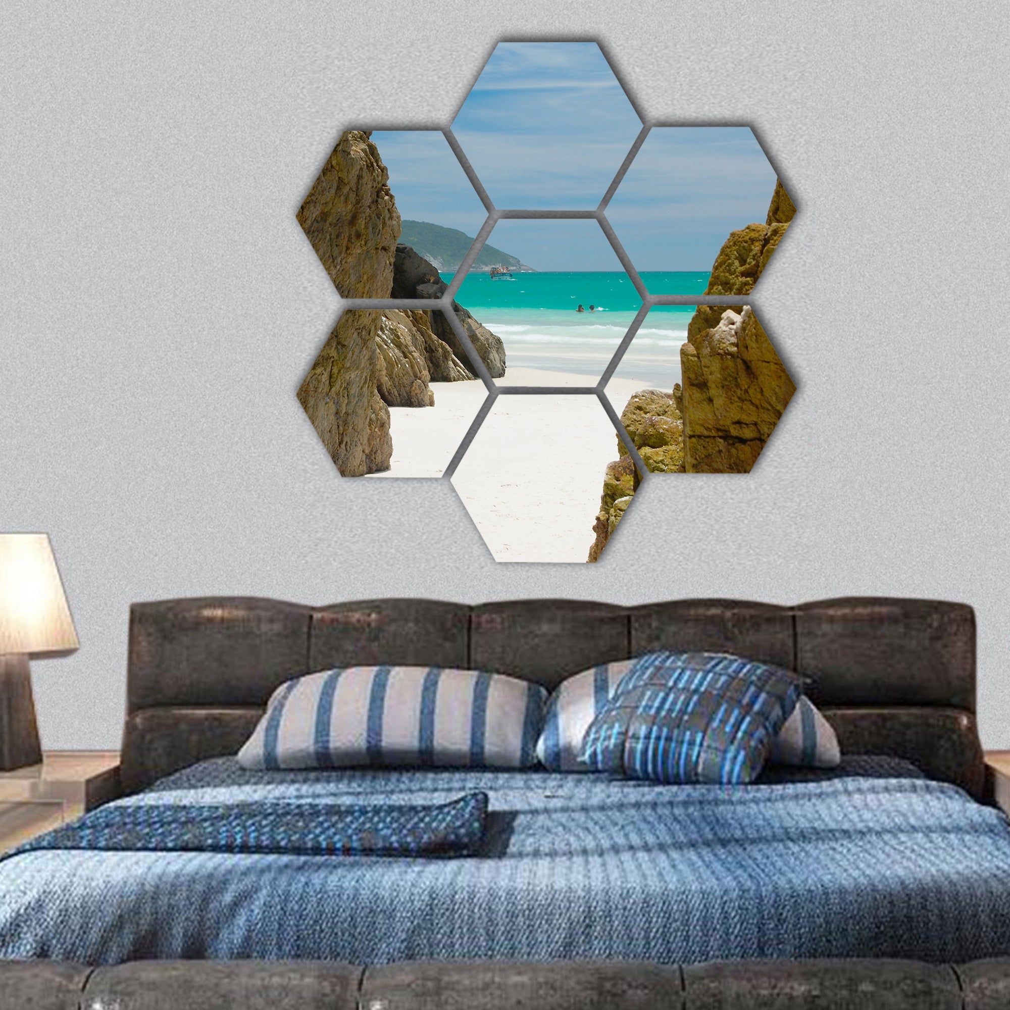 Cave in the rocks in a Crystalline clear waters hexagonal canvas wall art