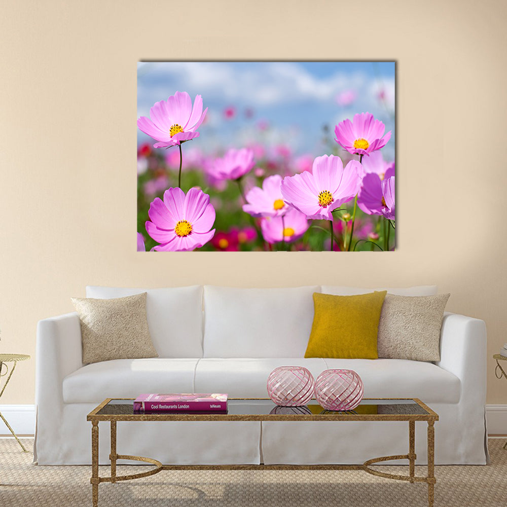 Pink cosmos field and sky Multi Panel Canvas Wall Art