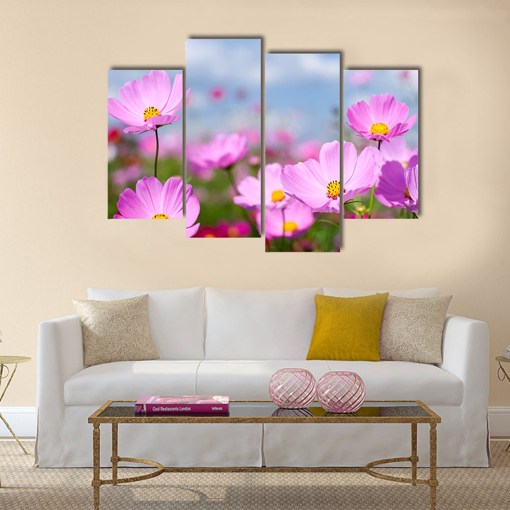 Pink cosmos field and sky Multi Panel Canvas Wall Art