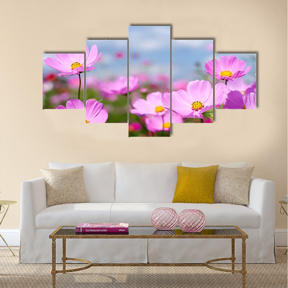 Pink cosmos field and sky Multi Panel Canvas Wall Art