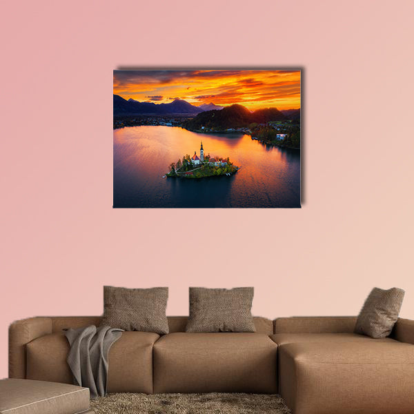 Aerial view of church of Assumption in Lake Bled, Slovenia wall art