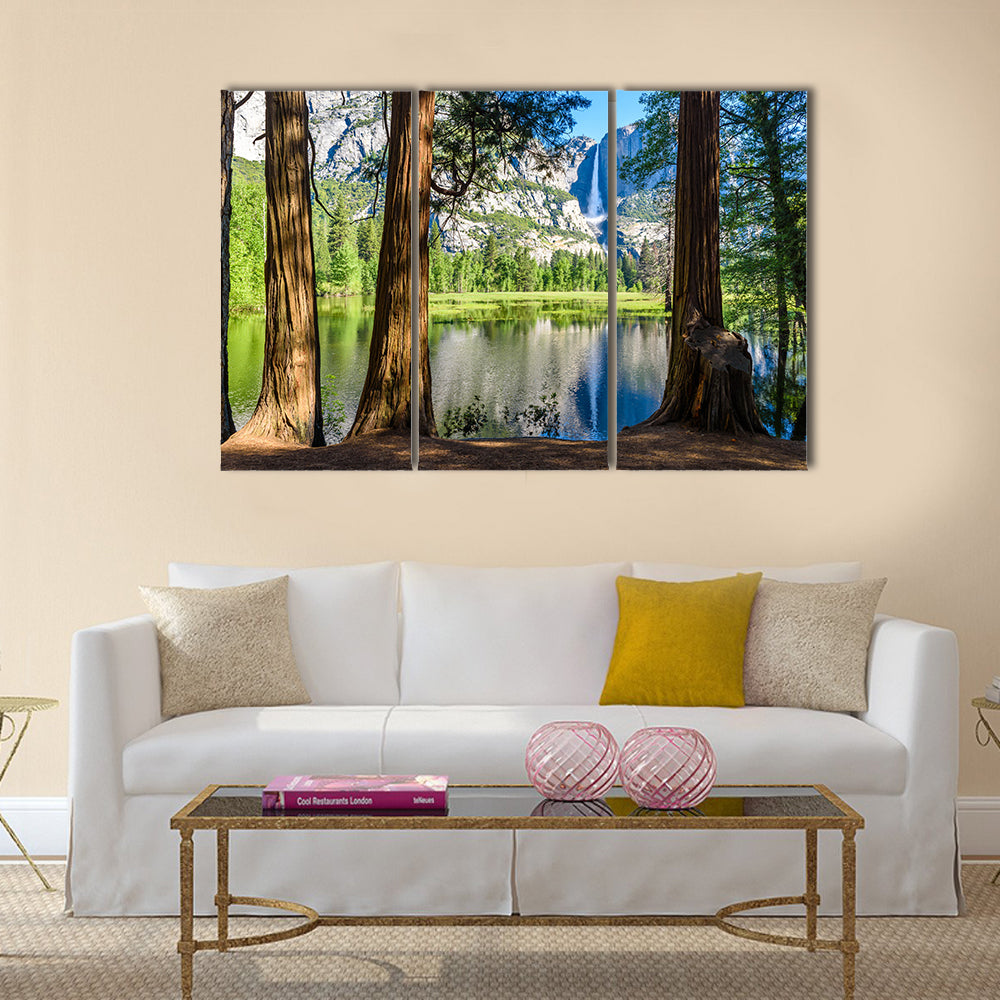 Yosemite National Park in Merced River of Yosemite waterfalls and beautiful mountain landscape, California, USA  Multi Panel Canvas Wall Art