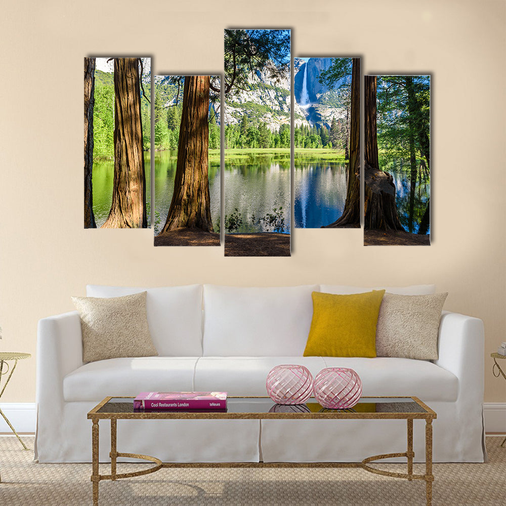 Yosemite National Park in Merced River of Yosemite waterfalls and beautiful mountain landscape, California, USA  Multi Panel Canvas Wall Art