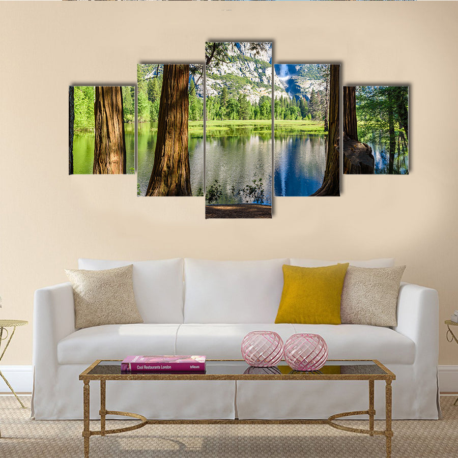 Yosemite National Park in Merced River of Yosemite waterfalls and beautiful mountain landscape, California, USA  Multi Panel Canvas Wall Art